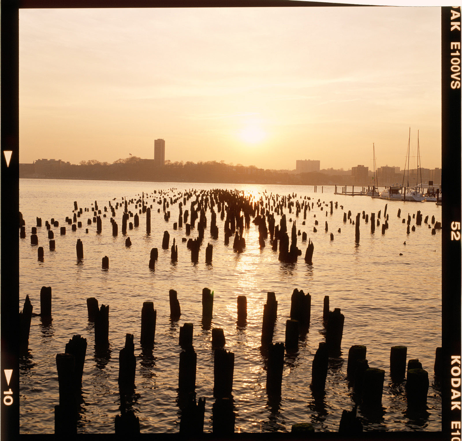 Pier-pilings-on-Hudson-River-at-Sunset