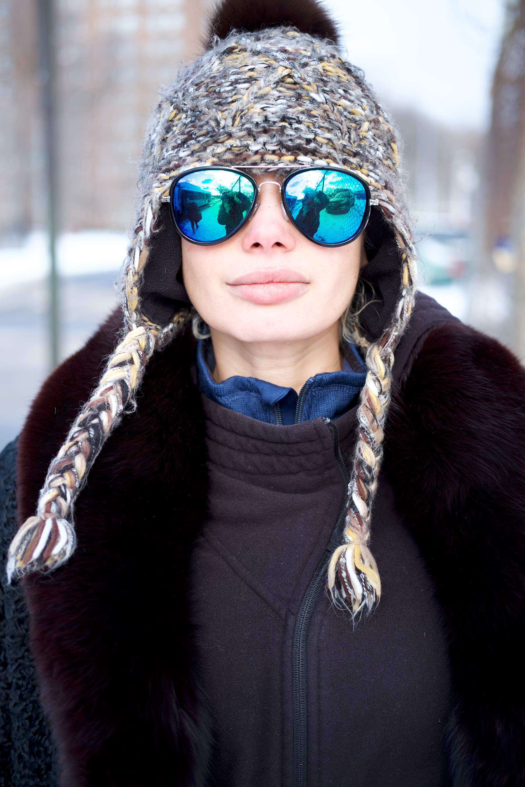 Model Julissa in Front of Bus Stop in Winter Coat in Red Hook Brooklyn.