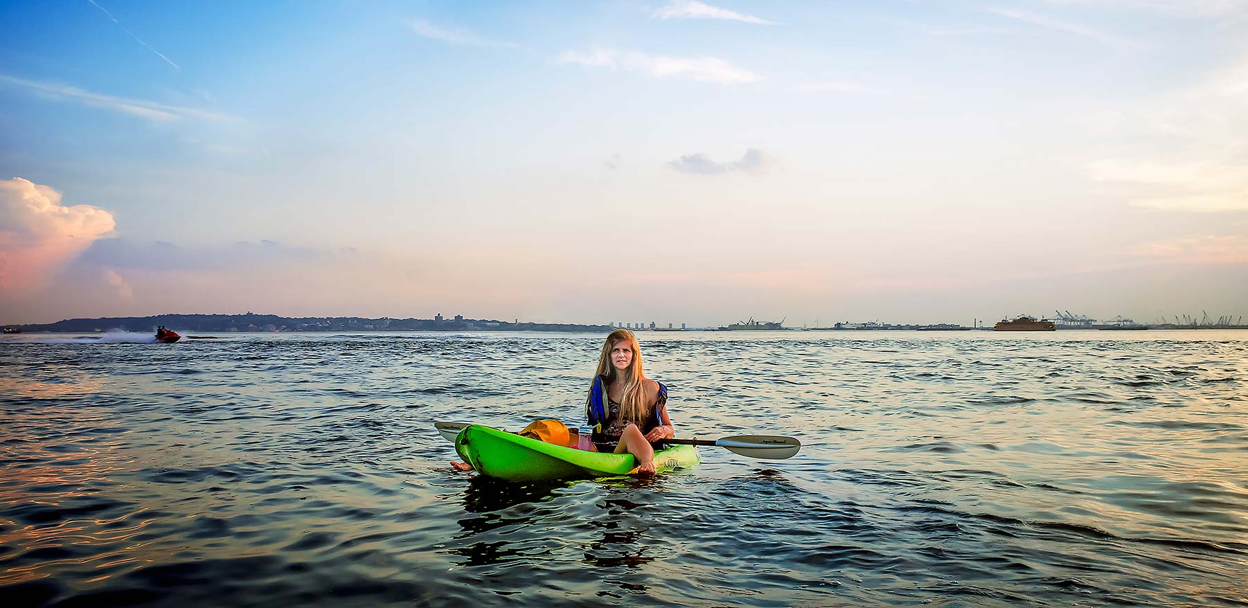 Red Hook Music Publicist Elizabeth Fruend on her Kayak in NY Harbor.